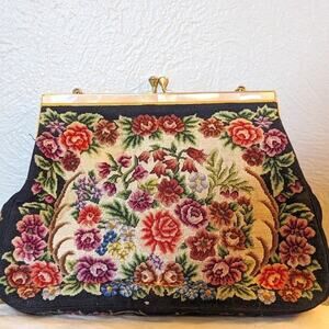 Vintage Handmade Exquisite Petit Point Embroidery Handbag with Mother of Pearl